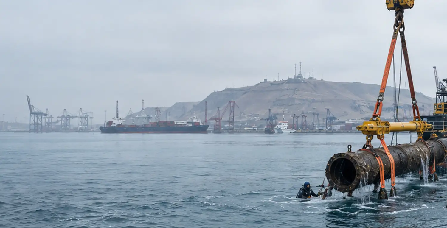 Recuperación de una conducción submarina con grúa y equipo de trabajo